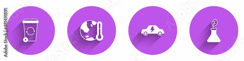 Set Recycle bin, Earth melting to global warming, Electric car and Plant breeding icon with long shadow. Vector