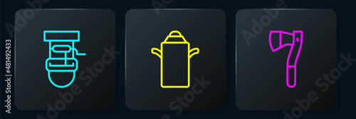 Set line Well with bucket, Wooden axe and Can container for milk. Black square button. Vector
