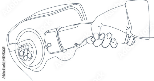 Simple continuous line, base on black and white background drawing how to refuel electricity. Vector illustration. Electric vehicle. Latest technology, smart technology and innovative technology.