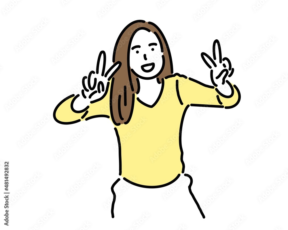 Naklejka premium カメラに向かってピースをする女性
