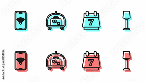 Set line Hotel booking calendar, Mobile with wi-fi wireless, luggage cart and Table lamp icon. Vector