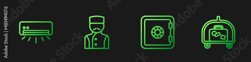 Set line Safe, Air conditioner, Concierge and Hotel luggage cart. Gradient color icons. Vector