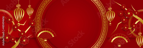 Chinese new year 2022 year of the tiger red and gold flower and asian elements paper cut with craft style on background. Universal chinese background banner. Vector illustration photo