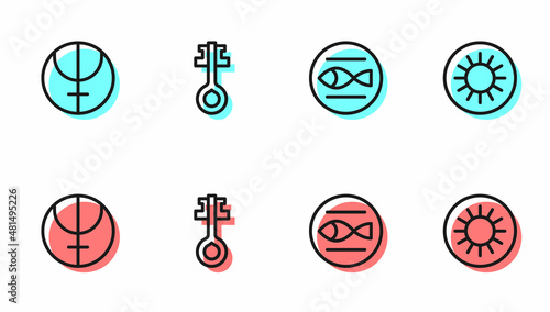 Set line Pisces zodiac, Neptune planet, Old magic key and Sun icon. Vector