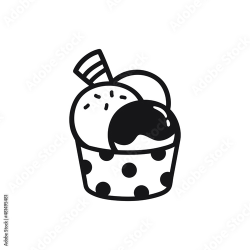 Black single ice cream bowl line icon. Simple modern cafe food flat design pictogram, clipart vector illustration for app logo web banner button ui ux interface elements isolated on white background