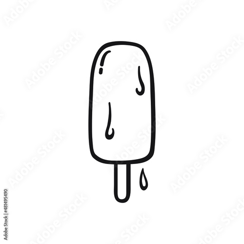 Black single melting popsicle line icon. Simple falling sweet flat design pictogram, clipart vector illustration for ads app logo web button ui ux interface elements isolated on white background
