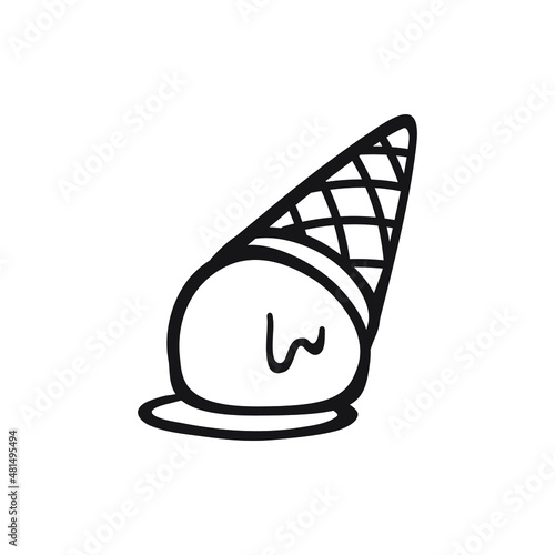 Black single melted ice cream on the floor line icon. Simple flat design pictogram, clipart vector illustration for ads app logo web banner button ui ux interface elements isolated on white background