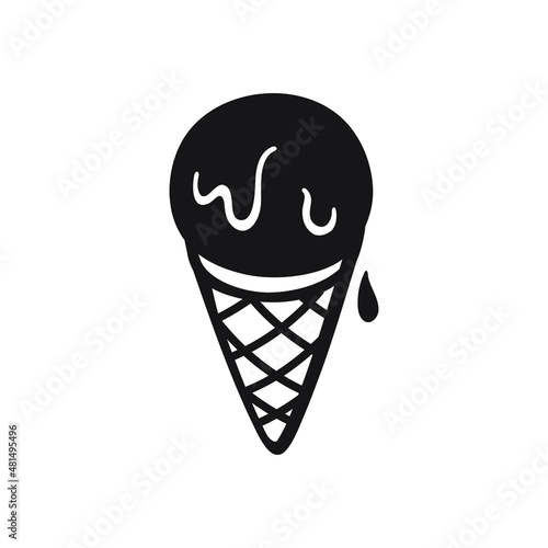 Black single melting ice cream icon. Simple tasty sweetness flat design pictogram, clipart vector illustration for ads app logo web button ui ux interface elements isolated on white background