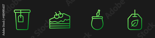 Set line Mate tea, Cup with bag, Piece of cake and Tea leaf. Gradient color icons. Vector