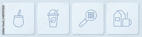 Set line Mate tea, Tea strainer with handle, Cup of leaf and milk. White square button. Vector