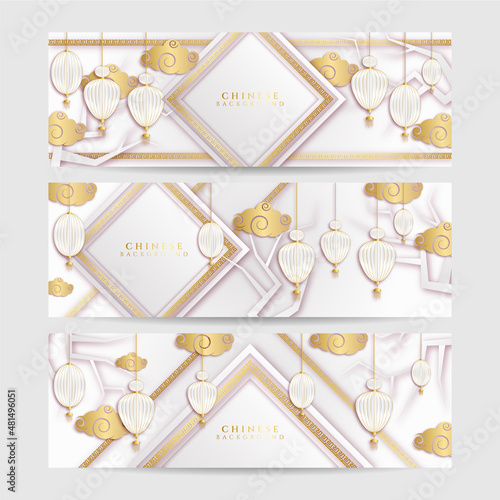 Chinese new year 2022 year of the tiger white and gold flower and asian elements paper cut with craft style on background. Universal chinese background banner. Vector illustration