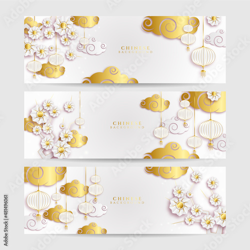 Chinese new year 2022 year of the tiger white and gold flower and asian elements paper cut with craft style on background. Universal chinese background banner. Vector illustration