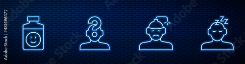 Set line Concussion, headache, Antidepressants, Human with question mark and Dreams. Glowing neon icon on brick wall. Vector