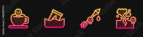 Set line Poison on the arrow, Coffee cup with skull, Radioactive waste in barrel and Poisonous cloud gas or smoke. Glowing neon icon. Vector