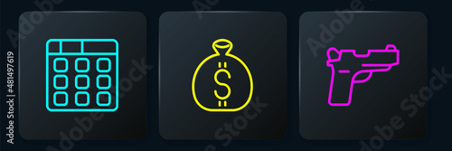 Set line Drum machine music, Pistol or gun and Money bag. Black square button. Vector