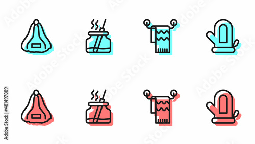 Set line Towel on hanger, Sauna hat, Aroma diffuser and mitten icon. Vector