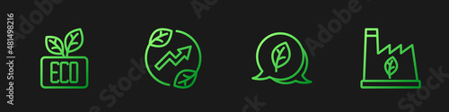 Set line Leaf Eco symbol, Electric saving plug in leaf and Plant recycling garbage. Gradient color icons. Vector