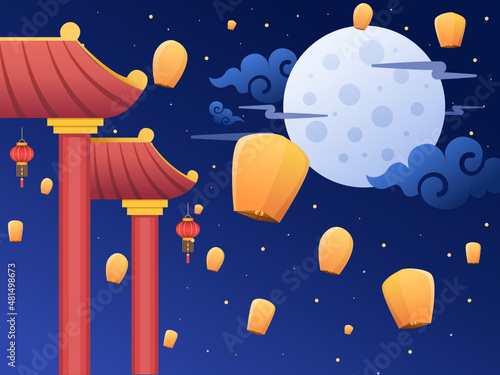 Illustration of Chinese Lantern Festival with Flying Lantern at Night Sky with Chinese Gate Building. Can be used for greeting card, postcard, invitation, poster, banner, web, animation.