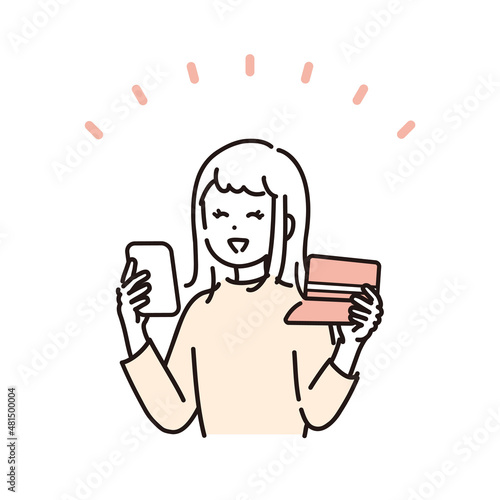 モバイルバンキングでお金の管理をする女性のイラスト素材