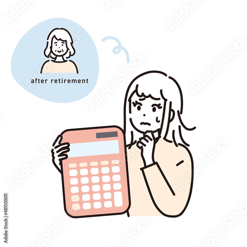 電卓を持ち、老後のお金について考える女性のイラスト素材