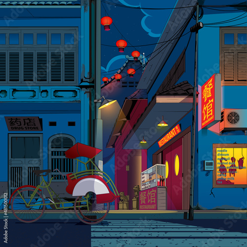 Traditional Chinatown Market at night illustration.the architecture influenced by the southeast asia style, like in Indonesia, Singapore, and Malaysia