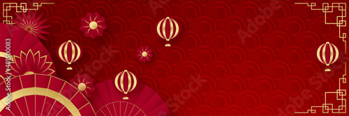 Chinese new year 2022 year of the tiger red and gold flower and asian elements paper cut with craft style on background. Universal chinese background banner. Vector illustration