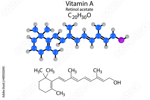 Retinol acetate skeletal formula. Vitamin A molecule structure. Scientific concept. Vector illustration. Stock image.