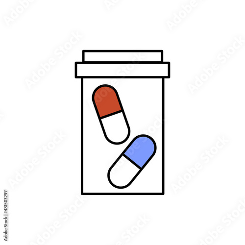 Pills in bottle sign. Colored picture. Thin line. Outline drawing. Medicine background. Vector illustration. Stock image.