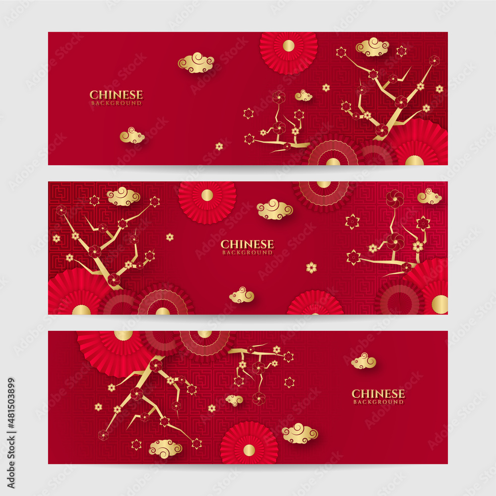 Naklejka premium Chinese new year 2022 year of the tiger red and gold flower and asian elements paper cut with craft style on background. Universal chinese background banner. Vector illustration