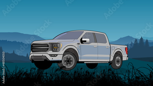 Camioneta con paisaje en la hora azul