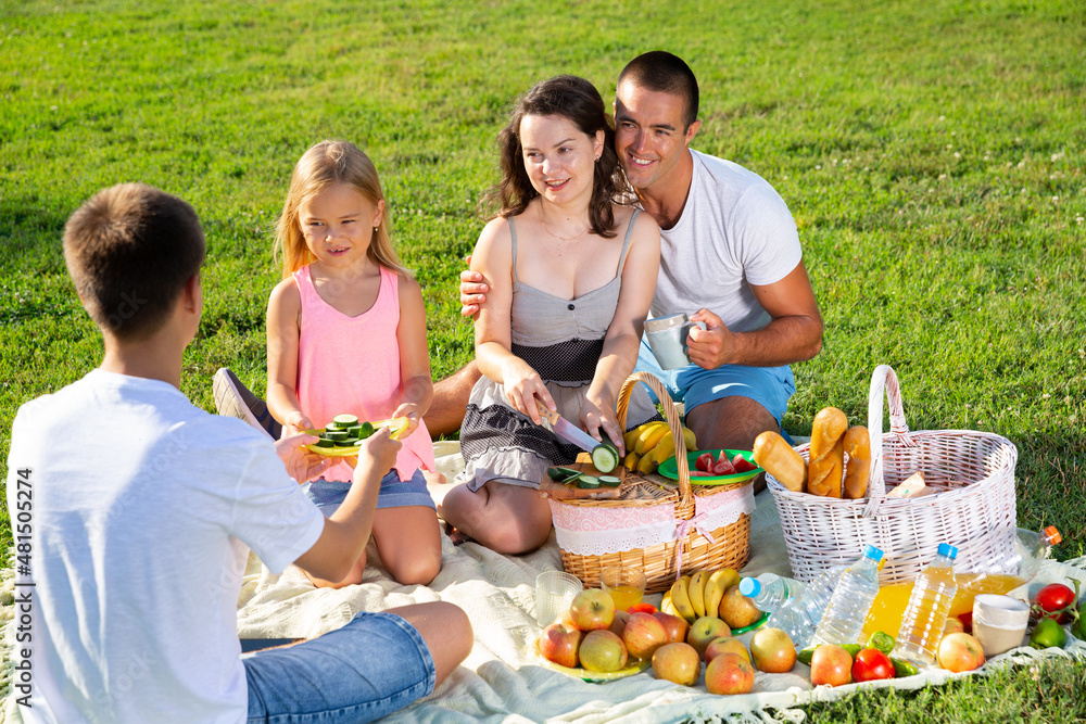 Happy young parents with two children enjoying picnic on green meadow together