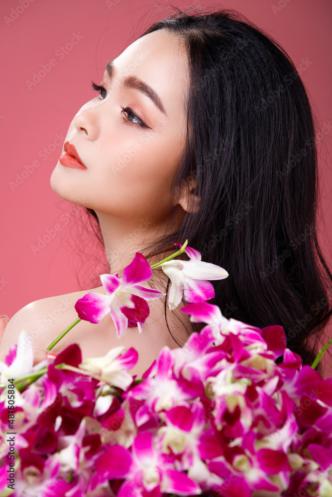 Face shot Portrait of Fashion 20s Asian Woman beautiful black hair express feeling sensual happy