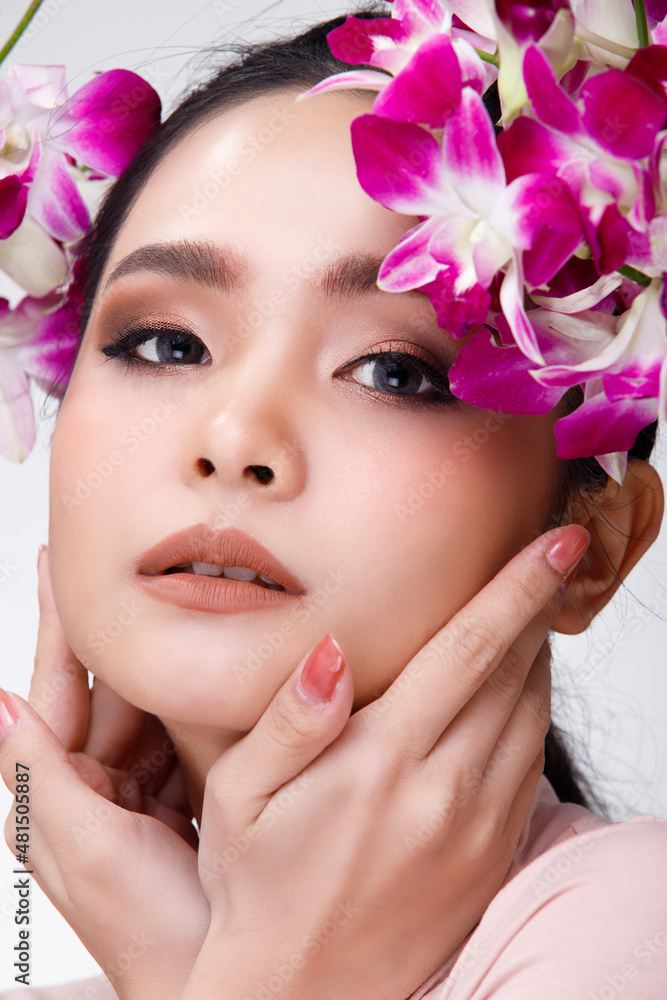 Face shot Portrait of Fashion 20s Asian Woman beautiful black hair express feeling sensual happy Face shot Portrait of Fashion 20s Asian Woman beautiful black hair express feeling sensual happy