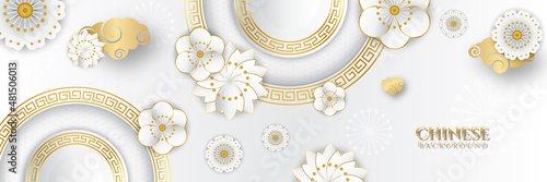 Chinese new year 2022 year of the tiger white and gold flower and asian elements paper cut with craft style on background. Universal chinese background banner. Vector illustration