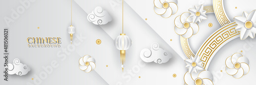 Chinese new year 2022 year of the tiger white and gold flower and asian elements paper cut with craft style on background. Universal chinese background banner. Vector illustration