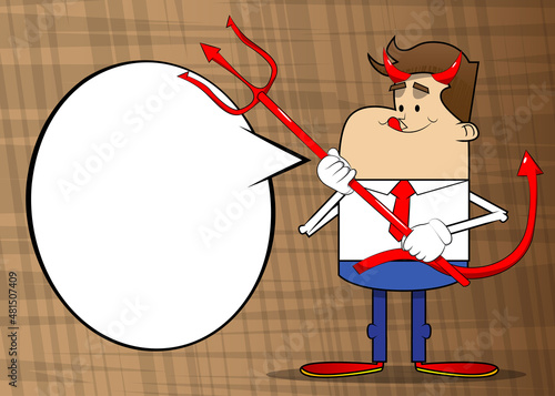 Simple retro cartoon of a businessman devil with pitchfork. Professional finance employee wearing white shirt with red tie.