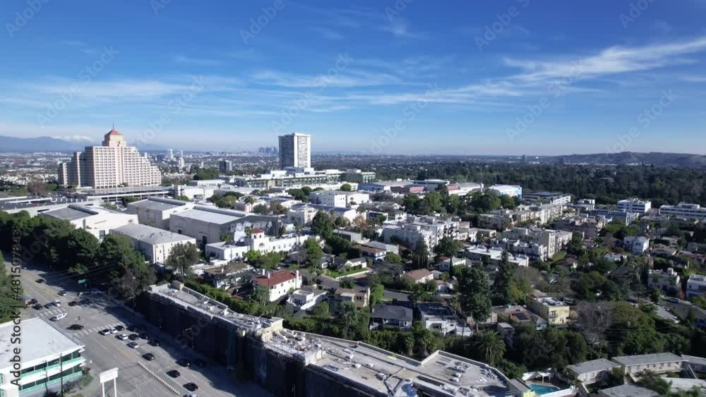 Descending aerial over Fox Studios in Century City, office buildings landscape of Los Angeles Descending aerial over Fox Studios in Century City, office buildings landscape of Los Angeles