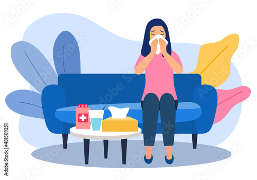 Sneezing woman concept vector illustration on white background. Sick woman sitting on sofa and sneeze in handkerchief. A woman sneeze. Season allergy.