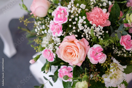 colorful of flowers pink rose wedding feeling.Flowers for a wedding look fresh and fresh.