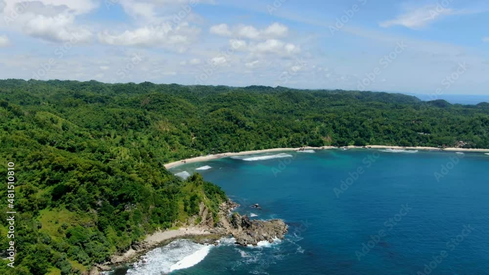 Pristine Wediombo beach, Indonesia surrounded by tropical rain forest, aerial Pristine Wediombo beach, Indonesia surrounded by tropical rain forest, aerial