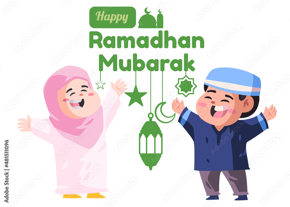 Ramadhan mubarak greetings card children boys girls happy welcoming Islamic holy month with illustration of lantern lamp and crescent moon