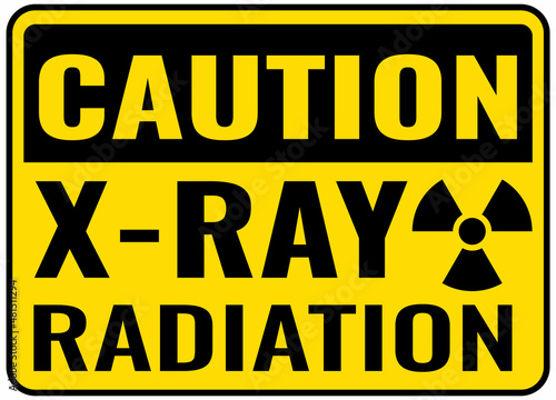 Caution X-Ray radiation sign. Yellow, Black background warning label. Symbols safety for hospitals and medical businesses.