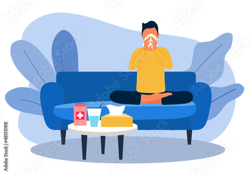Flu or cold concept vector illustration. Sick man sitting on sofa and sneeze in handkerchief. Season allergy.