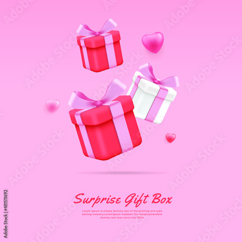 background 3d heart flying on pink background. Vector symbols of love for Happy Women's, Mother's, Valentine's Day, birthday greeting card design.