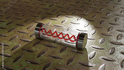 チェッカープレートの上に置かれた螺旋状の薬品容器のイメージ（赤色）