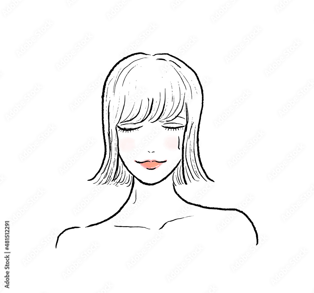 サウナで汗をかくボブヘアの女性。目を閉じて正面向き。 サウナで汗をかくボブヘアの女性。目を閉じて正面向き。
