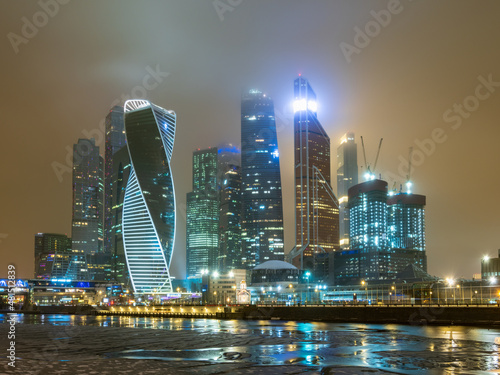 Moscow city at winter night. Modern skyscrapers in Moscow-city downtown. Moscow, Russia