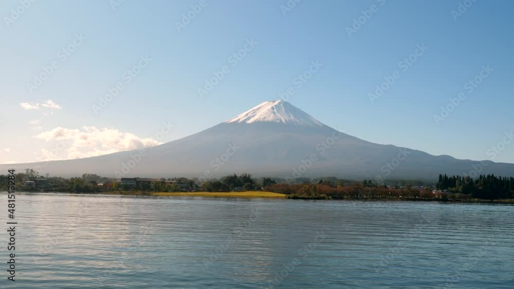 Japan-October 30.2019 Cruising on Lake Kawaguchi near Mt. Fuji in Japan with the cone shape of the mountain Japan-October 30.2019 Cruising on Lake Kawaguchi near Mt. Fuji in Japan with the cone shape of the mountain
