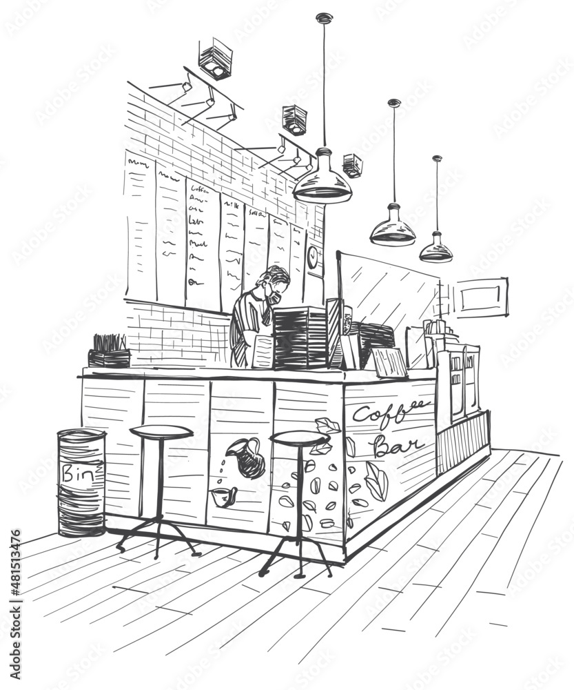 Sketch, Interior Design coffee and drink shop with barista on white blackground,illustration