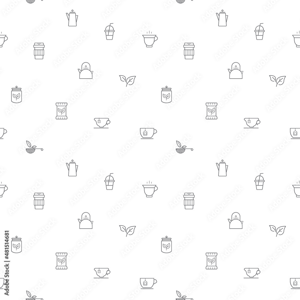 Seamless pattern with tea and drink icon on white background. Included the icons as star anise, infusion bags, tea strainer, green tea, nature, herbal, rooibos And Other Elements. Seamless pattern with tea and drink icon on white background. Included the icons as star anise, infusion bags, tea strainer, green tea, nature, herbal, rooibos And Other Elements.